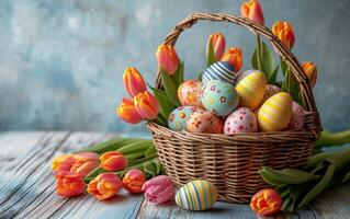 AI generated Easter Eggs and Spring Tulips in a Basket photo