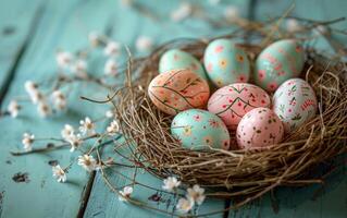 ai generado Pascua de Resurrección huevos acurrucado en paja, conjunto en contra azul madera foto