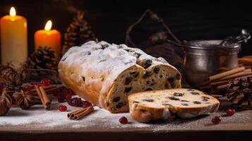 ai generado Navidad Stollen un pan con festivo decoraciones foto