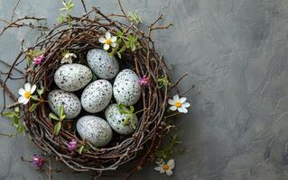 AI generated Country Chic Nest with Flower-themed Egg Adornments photo