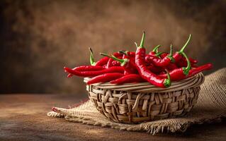 ai generado un rural cesta amontonado con brillante rojo chile pimientos foto