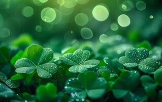AI generated Morning Dew Adorns Lush Green Clover Leaves photo