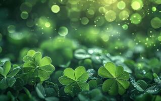 AI generated Morning Dew Adorns Lush Green Clover Leaves photo