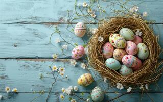 AI generated Easter eggs tucked in straw atop a blue wood surface photo