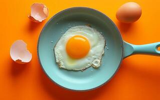 ai generado vibrante antecedentes con huevo recién cocido en sartén foto