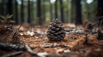 AI generated Pine Cone Amidst Forest Floor in Sunlight photo