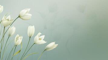 ai generado elegante blanco tulipanes en suave verde antecedentes foto