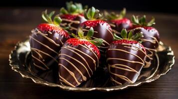 ai generado delicioso chocolate cubierto fresas en plato foto