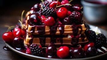 AI generated Delicious Waffles Topped with Berries and Syrup photo