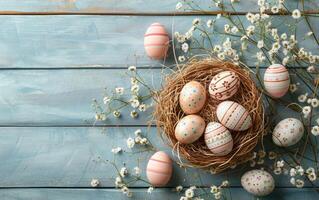 AI generated Blue wooden planks serve as a stage for straw nestled Easter eggs photo