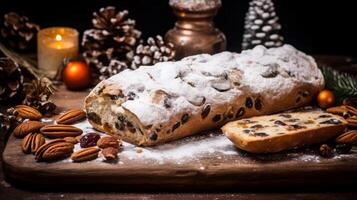 AI generated Christmas Stollen Bread with Festive Decorations photo