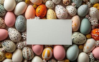 ai generado Pascua de Resurrección huevo obra de arte con blanco zona para texto foto