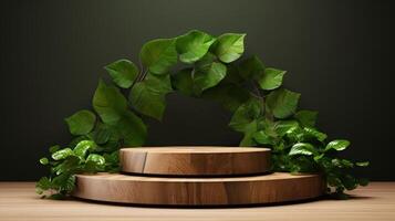 AI generated Elegant Wooden Podium Amidst Lush Green Foliage photo