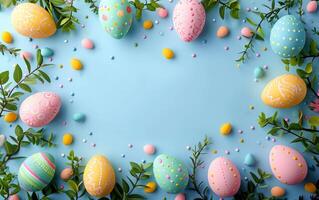 AI generated Easter Egg Motif Frame Against Blue Background photo