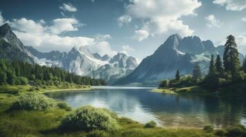 AI generated Majestic Mountains Reflecting on Calm Lake photo