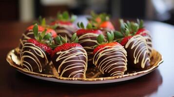 AI generated Delicious Chocolate Covered Strawberries on Plate photo