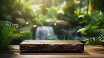 AI generated Wooden Podium With Forest Waterfall Background photo