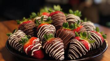 ai generado delicioso chocolate cubierto fresas en plato foto