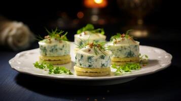 ai generado delicioso canapé en elegante plato foto