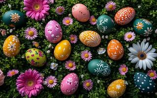 AI generated Easter Eggs nestled in a Field of Daisies photo