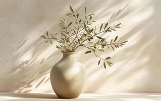 AI generated Ceramic Vase with Olive Branch and Its Shadows on a Rough Wall photo