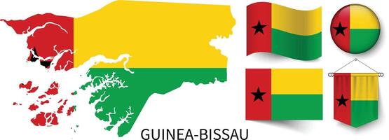 The various patterns of the Guinea-Bissau national flags and the map of Guinea-Bissau's borders vector