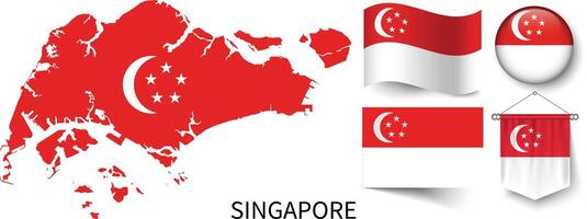 The various patterns of the Singapore national flags and the map of Singapore's borders vector