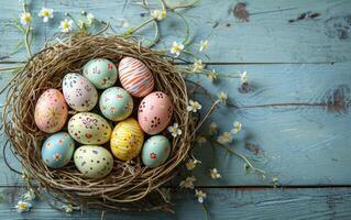 AI generated Easter eggs cradled in straw on a blue wooden background photo