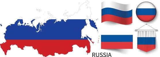 el varios patrones de el Rusia nacional banderas y el mapa de de rusia fronteras vector