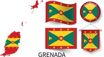 The various patterns of the Grenada national flags and the map of Grenada's borders vector