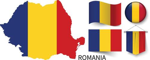 The various patterns of the Romania national flags and the map of Romania's borders vector