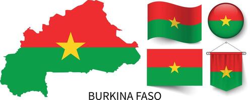The various patterns of the Burkina Faso national flags and the map of Burkina Faso's borders vector