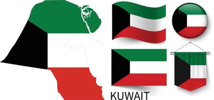 The various patterns of the Kuwait national flags and the map of Kuwait's borders vector