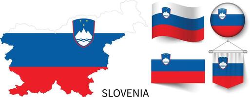 el varios patrones de el Eslovenia nacional banderas y el mapa de eslovenia fronteras vector