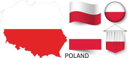 The various patterns of the Poland national flags and the map of Poland's borders vector