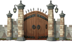 AI generated Medieval Stone Gate With Iron-Reinforced Wooden Doors Isolated png