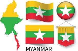 el varios patrones de el myanmar nacional banderas y el mapa de Myanmar fronteras vector