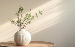 AI generated Neutral Wall Enhancing Modern Vase with Green Sprigs on Wooden Table photo