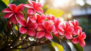 AI generated Vibrant Pink Plumeria Flowers in Sunlight photo