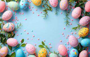 AI generated Easter Egg Border Against a Blue Background photo