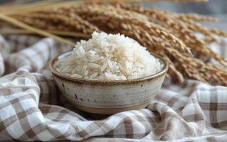 AI generated An Abundant Ceramic Bowl Overflowing with White Rice photo