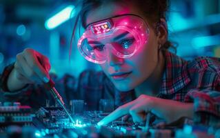 AI generated Female Soldering Electronic Circuit Board Wearing Neon Pink Safety Goggles photo