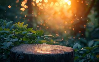 ai generado radiante luz de sol encanta árbol tocón en lozano bosque foto