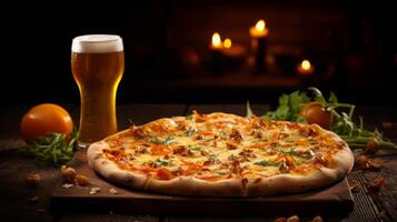 AI generated Pizza and Beer on Wooden Table photo