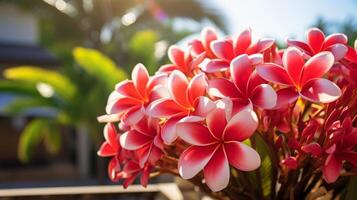 ai generado vibrante rosado plumeria flores en luz de sol foto