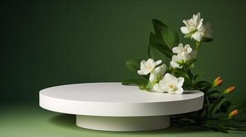 AI generated Elegant Podium Surrounded by Blossoming Flowers photo