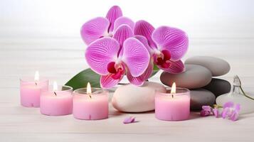 ai generado elegante spa ajuste con orquídeas y velas foto