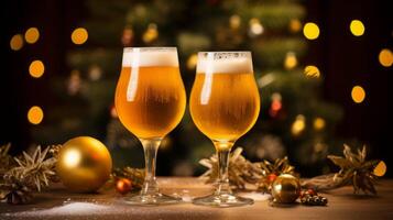 AI generated Festive Beer Glasses Amidst Christmas Decoration photo