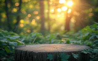 ai generado árbol tocón en denso bosque bañado en místico luz de sol foto