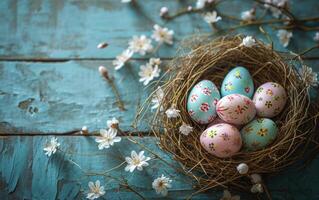 AI generated Straw-cushioned Easter eggs resting on blue timber photo
